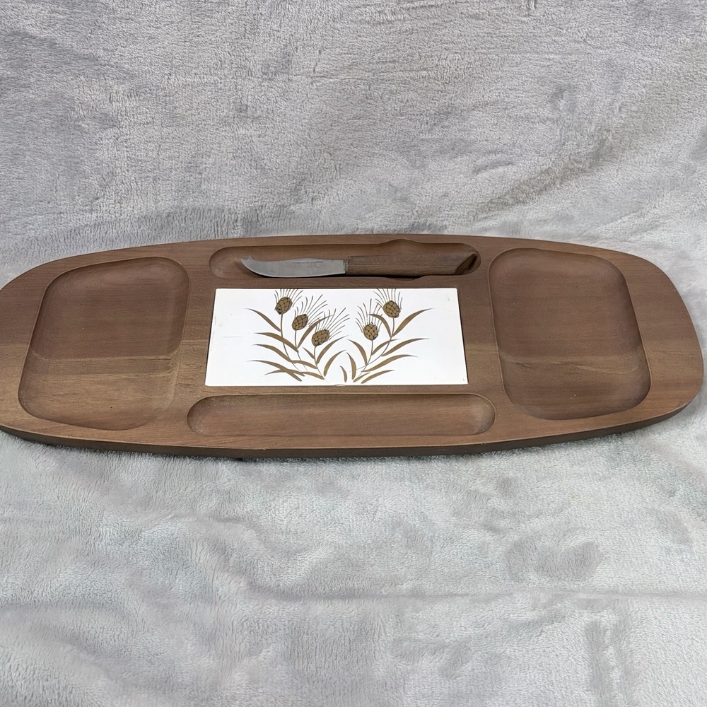 Vintage MCM Oval‎ Wood Cheese Board Ceramic Tile Pine Cone Botanical + Knife